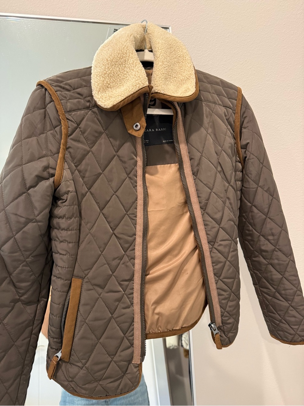 Zara Quilted Brown Jacket with Sherpa Collar SZ S